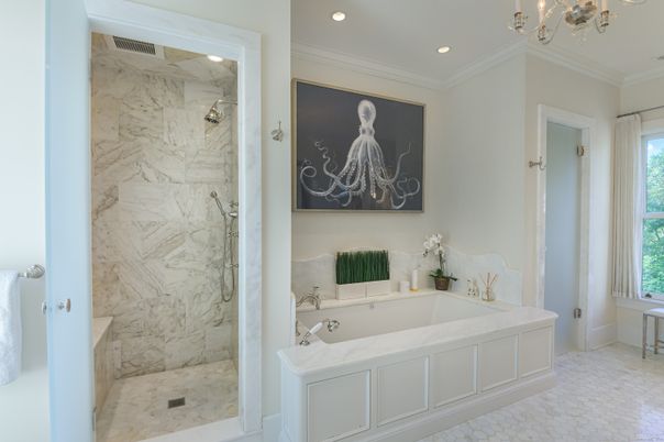 Bathroom, Glass Shower, Interior, Marble Walls, Recessed Lighting