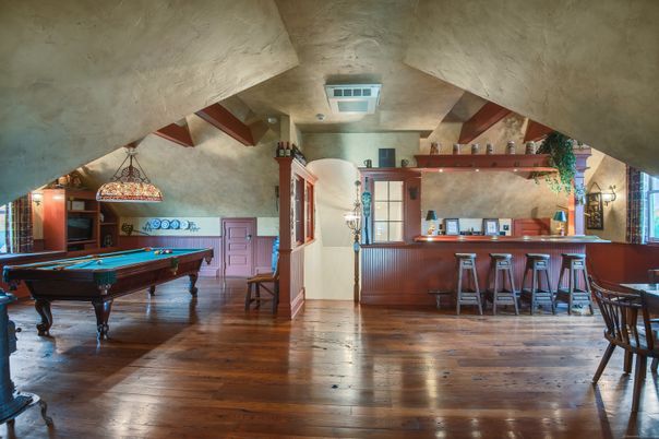Billiard Table, Game Room, Interior, Pendant Lights, Wooden Beams, Wood Texture Flooring