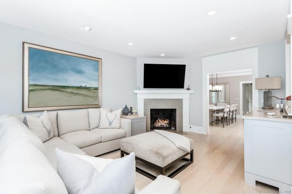 Dining room, Fireplace, Interior, Living room, Pendant Lights, Recessed Lighting, Wood Texture Flooring