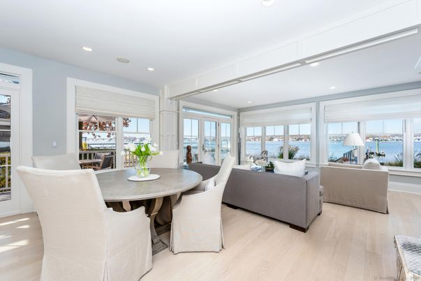 Dining room, Interior, Living room, Recessed Lighting, Water, Wood Texture Flooring