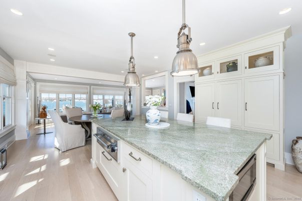 Dining room, Interior, Kitchen, Pendant Lights, Recessed Lighting, Water, Wood Texture Flooring