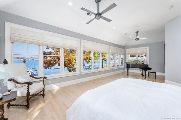Bedroom, Interior, Piano, Recessed Lighting, Water, Wood Texture Flooring