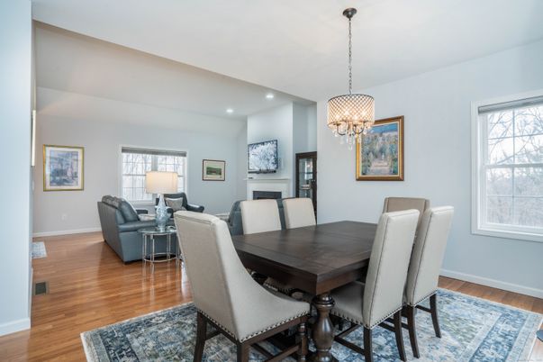 Chandelier, Dining room, Interior, Living room, Pendant Lights, Recessed Lighting, Wood Texture Flooring