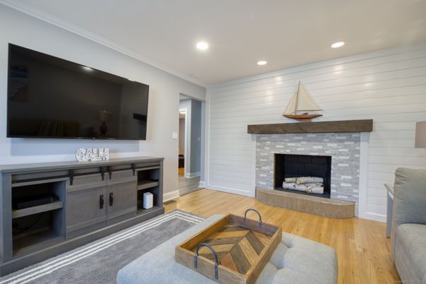 Fireplace, Interior, Living room, Recessed Lighting, Wood Texture Flooring