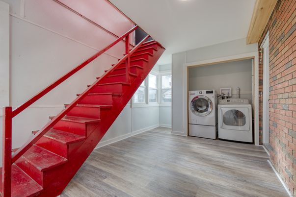Interior, Recessed Lighting, Stone Walls, Utility Closets, Washer, Wood Texture Flooring