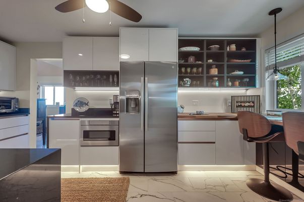 Interior, Kitchen, Marble, Pendant Lights, Stainless Steel Appliances