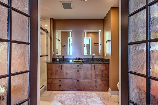 Bathroom, Dual Sink Vanities, Interior, Marble, Recessed Lighting