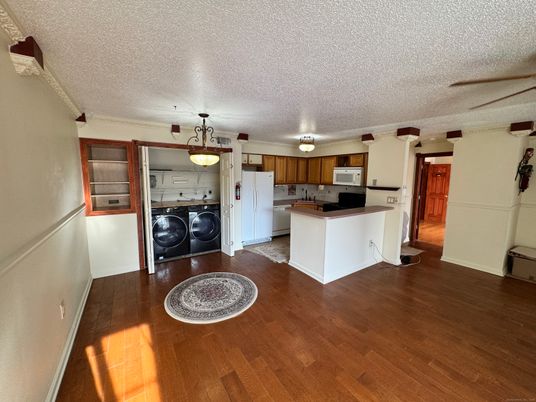 Interior, Kitchen, Pendant Lights, Washer, Wood Texture Flooring