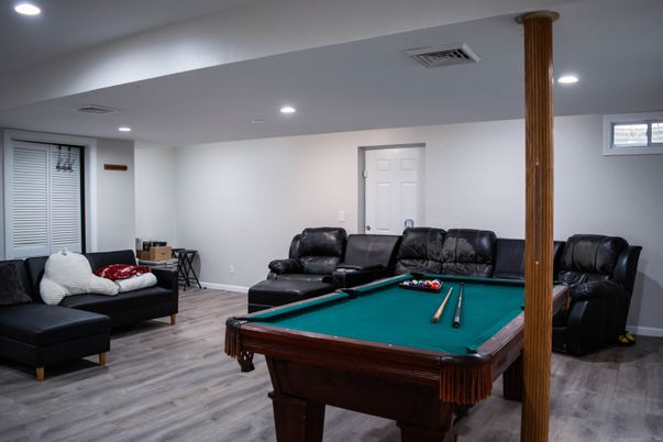 Billiard Table, Game Room, Interior, Recessed Lighting, Wood Texture Flooring