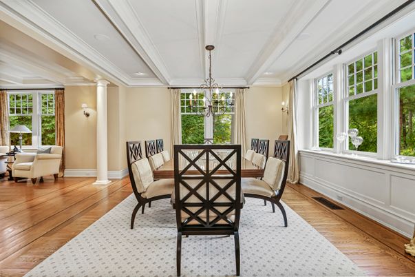 Dining room, Interior, Pendant Lights, Recessed Lighting, Wood Texture Flooring