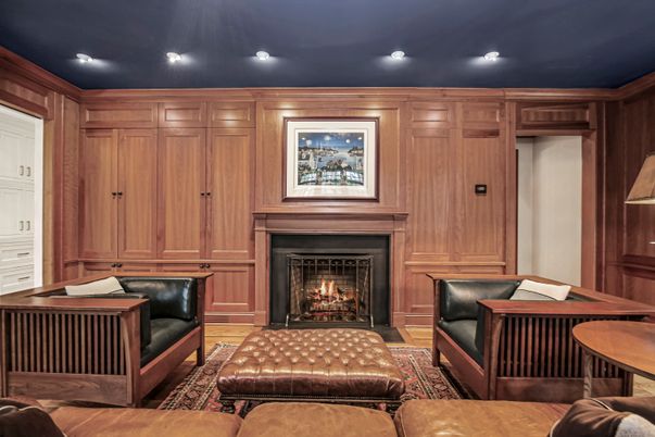 Fireplace, Interior, Living room, Recessed Lighting, Wooden Walls