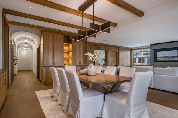 Dining room, Interior, Pendant Lights, Recessed Lighting, Wooden Beams, Wood Texture Flooring