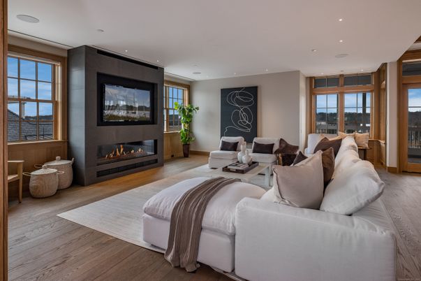 Fireplace, Interior, Living room, Recessed Lighting, Wood Texture Flooring