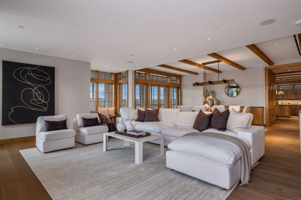 Dining room, Interior, Living room, Recessed Lighting, Wooden Beams, Wood Texture Flooring