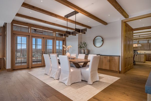 Dining room, Interior, Pendant Lights, Recessed Lighting, Wooden Beams, Wood Texture Flooring