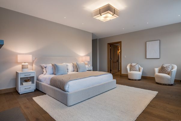 Bedroom, Interior, Recessed Lighting, Wood Texture Flooring