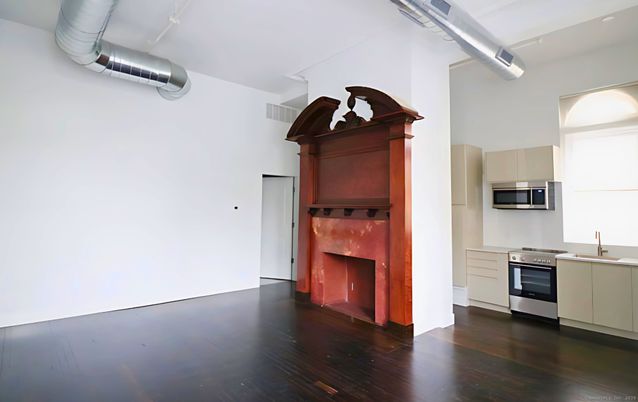 Fireplace, Interior, Kitchen, Stainless Steel Appliances, Wood Texture Flooring