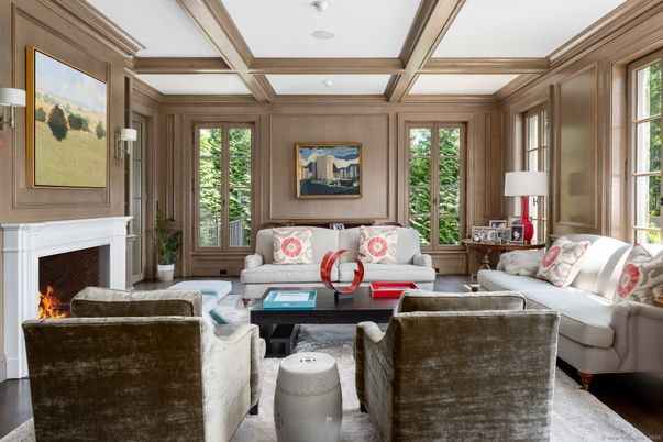 Fireplace, Interior, Living room, Recessed Lighting, Wooden Beams, Wood Texture Flooring