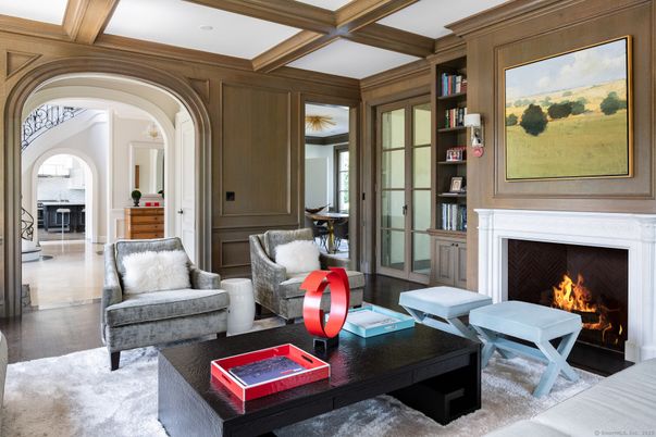 Fireplace, Interior, Living room, Recessed Lighting, Wooden Beams, Wood Texture Flooring