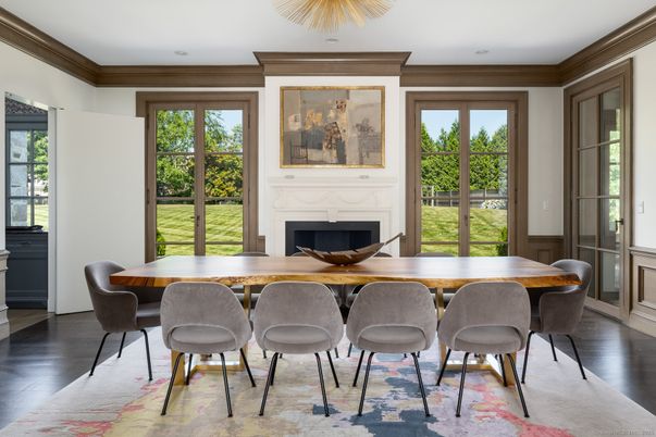 Dining room, Fireplace, Interior, Wood Texture Flooring
