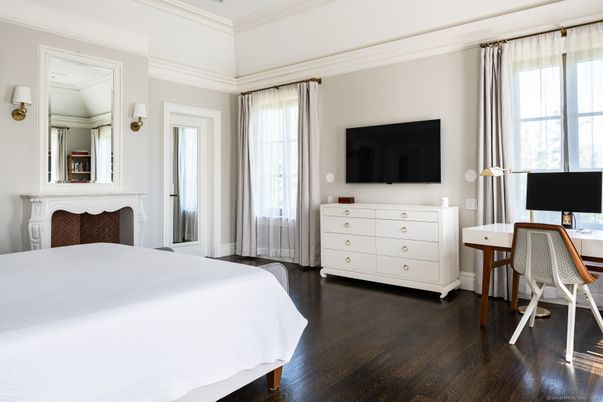 Bedroom, Fireplace, Home Office, Interior, Wood Texture Flooring