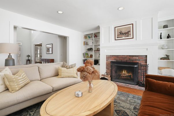Fireplace, Interior, Living room, Recessed Lighting, Wood Texture Flooring