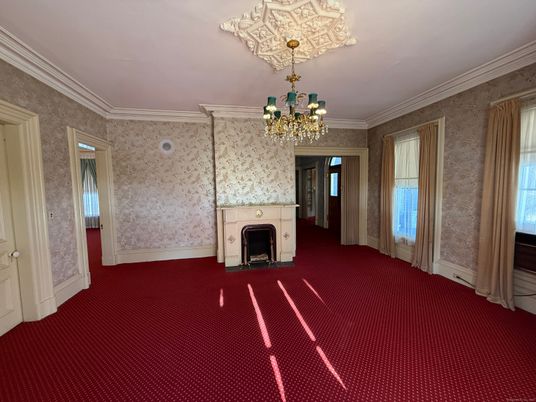 Chandelier, Empty room, Fireplace, Interior