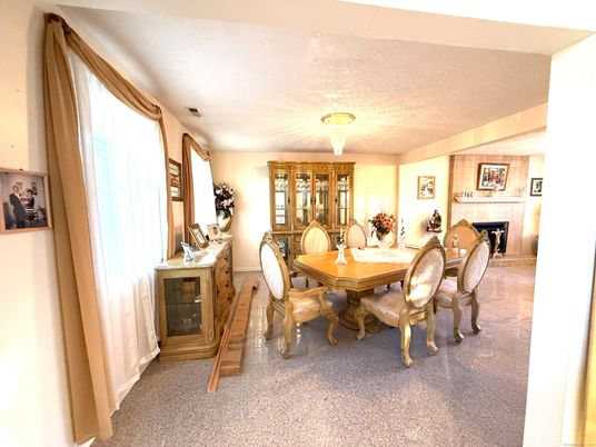 Chandelier, Dining room, Fireplace, Interior