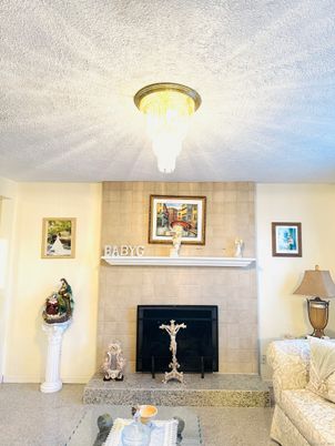 Chandelier, Fireplace, Interior