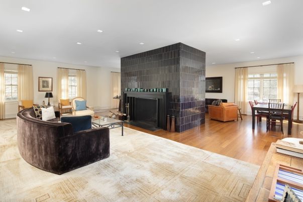 Dining room, Fireplace, Interior, Living room, Recessed Lighting, Wood Texture Flooring