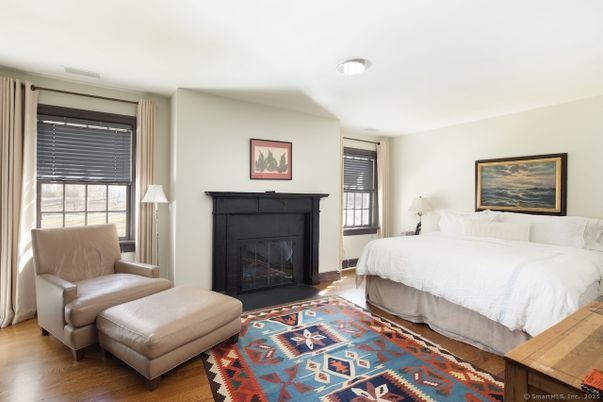 Bedroom, Fireplace, Interior, Wood Texture Flooring