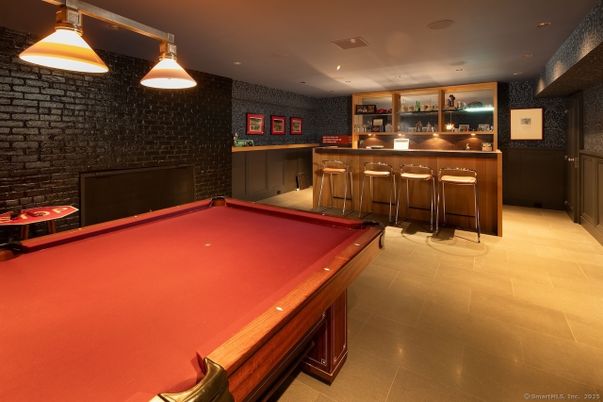 Billiard Table, Game Room, Interior, Pendant Lights, Recessed Lighting, Stone Walls