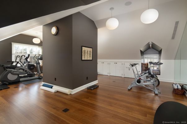 Fitness Equipment, Interior, Pendant Lights, Wood Texture Flooring