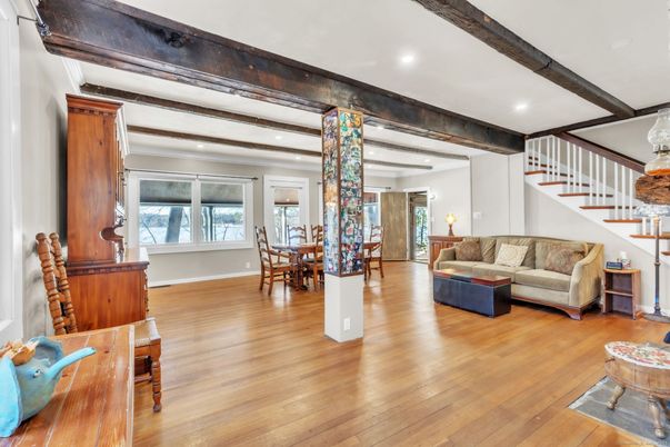 Dining room, Interior, Living room, Recessed Lighting, Wooden Beams, Wood Texture Flooring