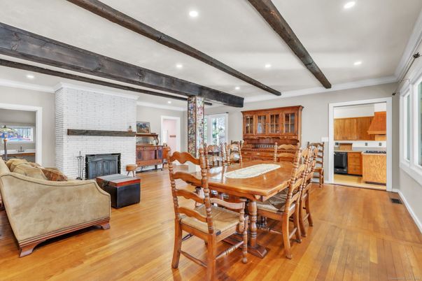 Dining room, Fireplace, Interior, Kitchen, Living room, Recessed Lighting, Stone Walls, Wooden Beams, Wood Texture Flooring