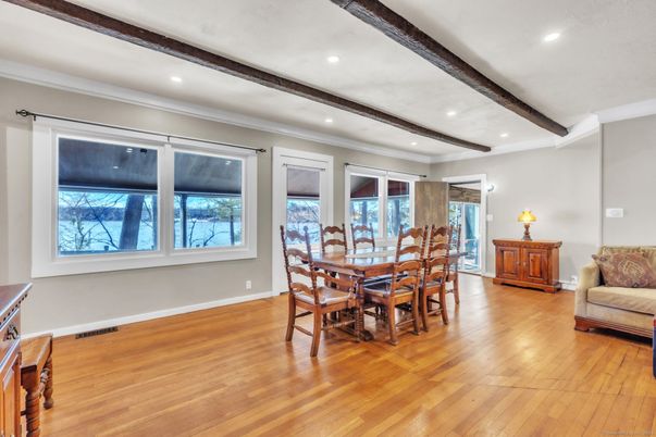 Dining room, Interior, Recessed Lighting, Wooden Beams, Wood Texture Flooring