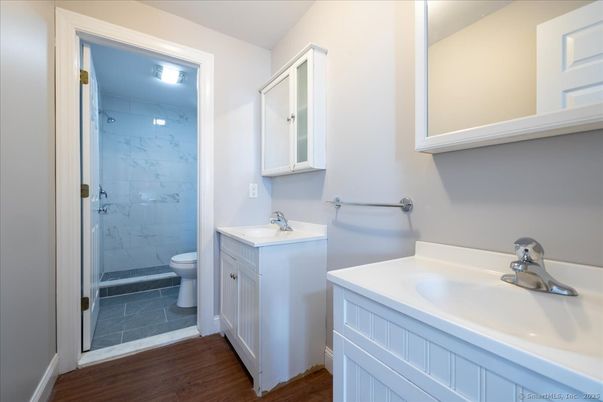 Bathroom, Glass Shower, Interior, Marble, Marble Walls, Wood Texture Flooring