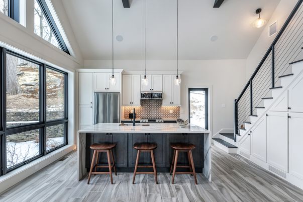 Interior, Kitchen, Pendant Lights, Stainless Steel Appliances, Wood Texture Flooring