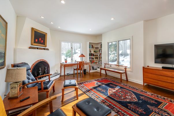 Fireplace, Home Office, Interior, Recessed Lighting, Wood Texture Flooring