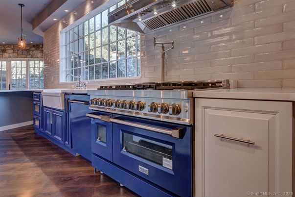 Interior, Kitchen, Pendant Lights, Stainless Steel Appliances, Stone Walls, Wood Texture Flooring