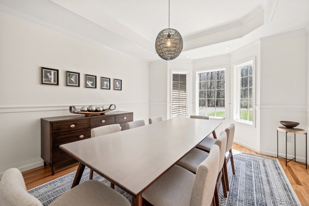 Dining room, Interior, Pendant Lights, Wood Texture Flooring