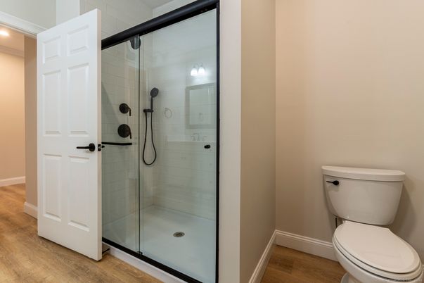Bathroom, Glass Shower, Interior, Wood Texture Flooring
