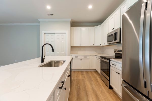 Interior, Kitchen, Recessed Lighting, Stainless Steel Appliances, Wood Texture Flooring