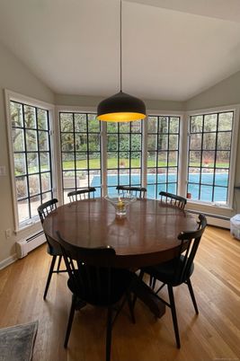 Dining room, Interior, Pendant Lights, Water, Wood Texture Flooring
