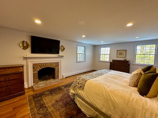 Bedroom, Fireplace, Interior, Recessed Lighting, Wood Texture Flooring