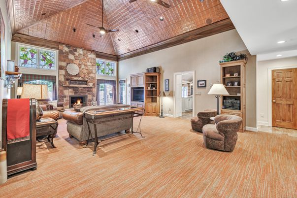 Fireplace, Interior, Living room, Recessed Lighting, Stone Walls