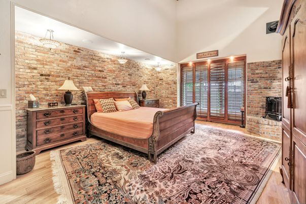 Bedroom, Chandelier, Interior, Stone Walls, Wood Texture Flooring