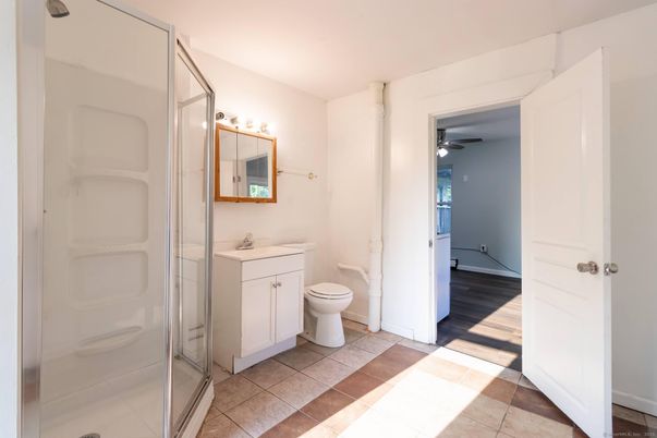 Bathroom, Glass Shower, Interior, Wood Texture Flooring