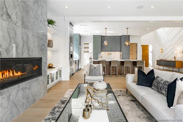Fireplace, Interior, Kitchen, Living room, Marble Walls, Pendant Lights, Recessed Lighting, Wood Texture Flooring