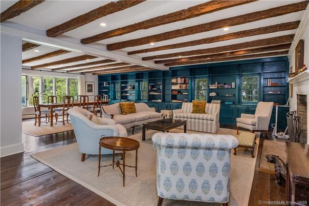 Dining room, Fireplace, Interior, Living room, Recessed Lighting, Wooden Beams, Wood Texture Flooring